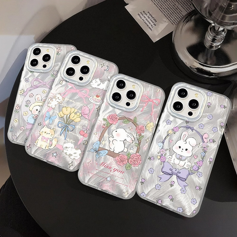 กระต่ายน่ารักเคสโทรศัพท์เข้ากันได้สําหรับiphone 11 12 13 Pro Max 14 15 7 8 Plus SE 2020 XR X/XS Maxพลาสติกประกอบกระจกกรอบปกแข็งป้องกันการตก