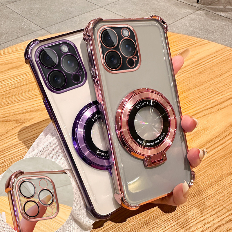 เลนส์โปร่งใสป้องกันถุงลมนิรภัยนุ่มมุมขาตั้งแม่เหล็กผู้ถือเคสนิ่มสําหรับ iPhone 16 15 14 Plus 13 12 11 Pro Max มือโปร สูงสุด
