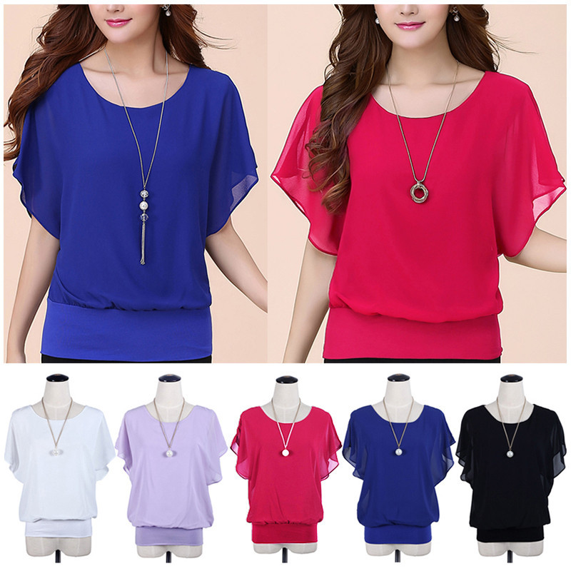 เสื้อชีฟองผู้หญิงสีทึบ โอ คอเสื้อสวมหัวหลวม แบ็ตวิง แขนนัวเนียเสื้อผ้าผู้หญิง