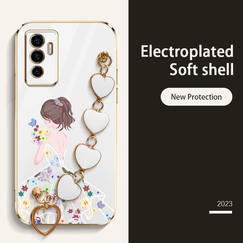 ปลอกสําหรับ Oppo Reno 12 5G Reno 12 F Reno12 Pro 5G 12F ดอกไม้สาวหัวใจสร้อยข้อมือ Deluxe Electroplated ซิลิโคน Impact Protector