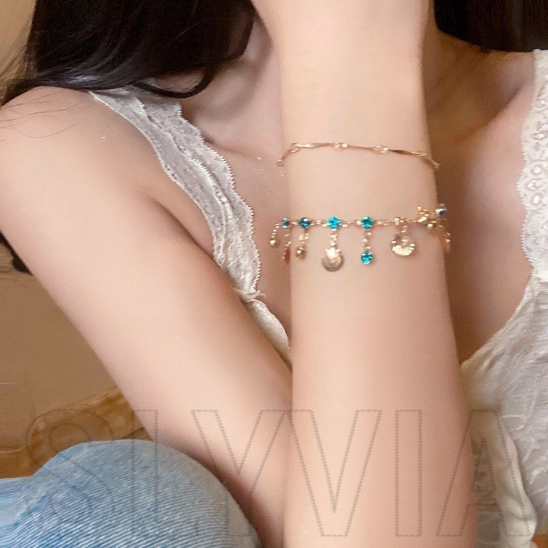 สร้อยข้อมือพู่เปลือกหอยเพชรสีฟ้า-สีทอง โซ่มือ-สองชั้นเรียบง่ายหรูหรา-โซ่มือด้วยพู่เพทาย-เครื่องประดับอุปกรณ์เสริมของขวัญ