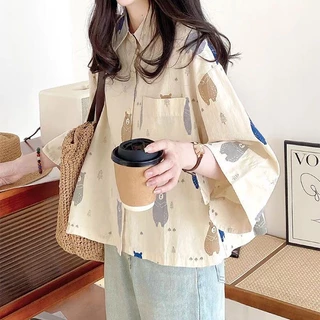🧡Crush🧡เสื้อเชิ้ต แขนเจ็ดส่วน สไตล์สบาย ๆ หลวม ๆ พิมพ์น่ารัก แฟชั่นเวอร์ชั่นเกาหลี