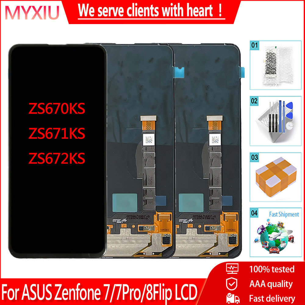 Original AMOLED สําหรับ Asus ZS670KS ZS671KS ZS672KS หน้าจอ LCD จอแสดงผล Digitizer สําหรับ Asus Zenfone 7 7Pro 8 พลิก LCD