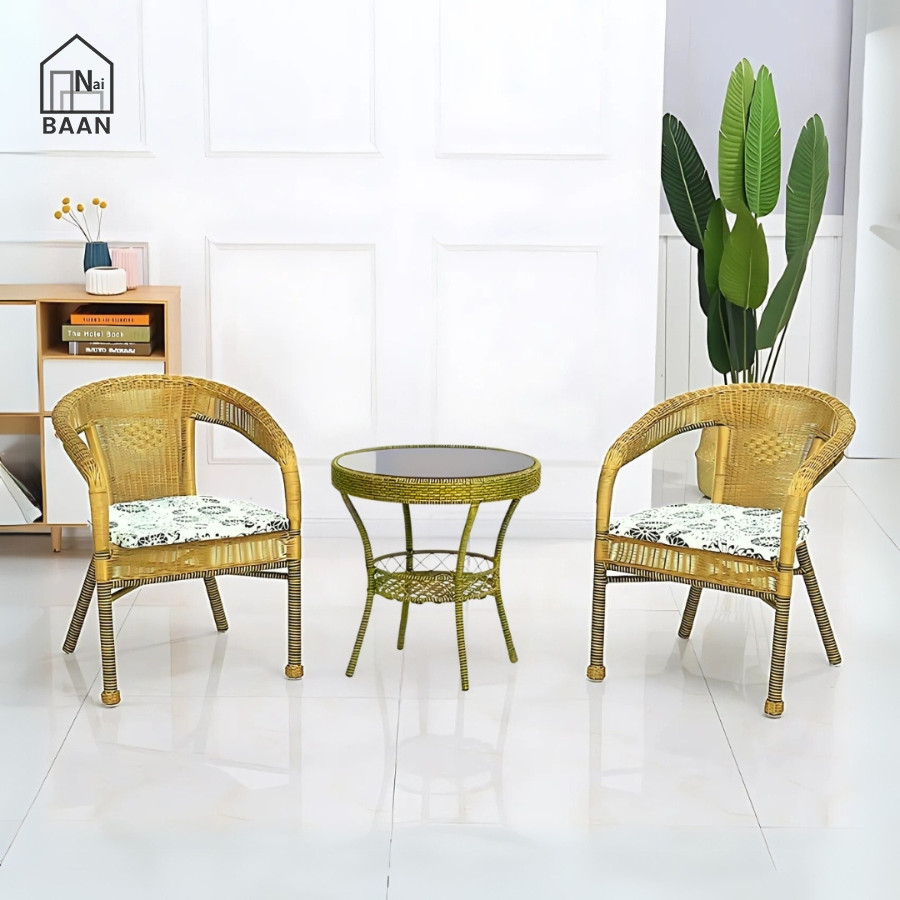 Naibaan ชุดโต๊ะ โต๊ะ 1 เก้าอี้ 2 หวายเทียม ชุดโต๊ะเก้าอี้หวาย Rattan table set