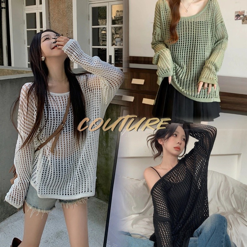 Couture(ส่งจากกรุงเทพฯ)กลวงขนสัตว์เสื้อถักผู้หญิงฤดูร้อนสไตล์ใหม่ขี้เกียจหลวมครอบคลุมเนื้อครีมกันแดดเสื้อรอบคอออกแบบยาว