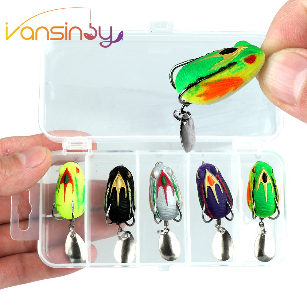 5pcs Boxxed ตกปลา 3.5 ซม./5.4g Soft Frog Lure Mini Soft Lure Double Hook TopWater เหยื่อ