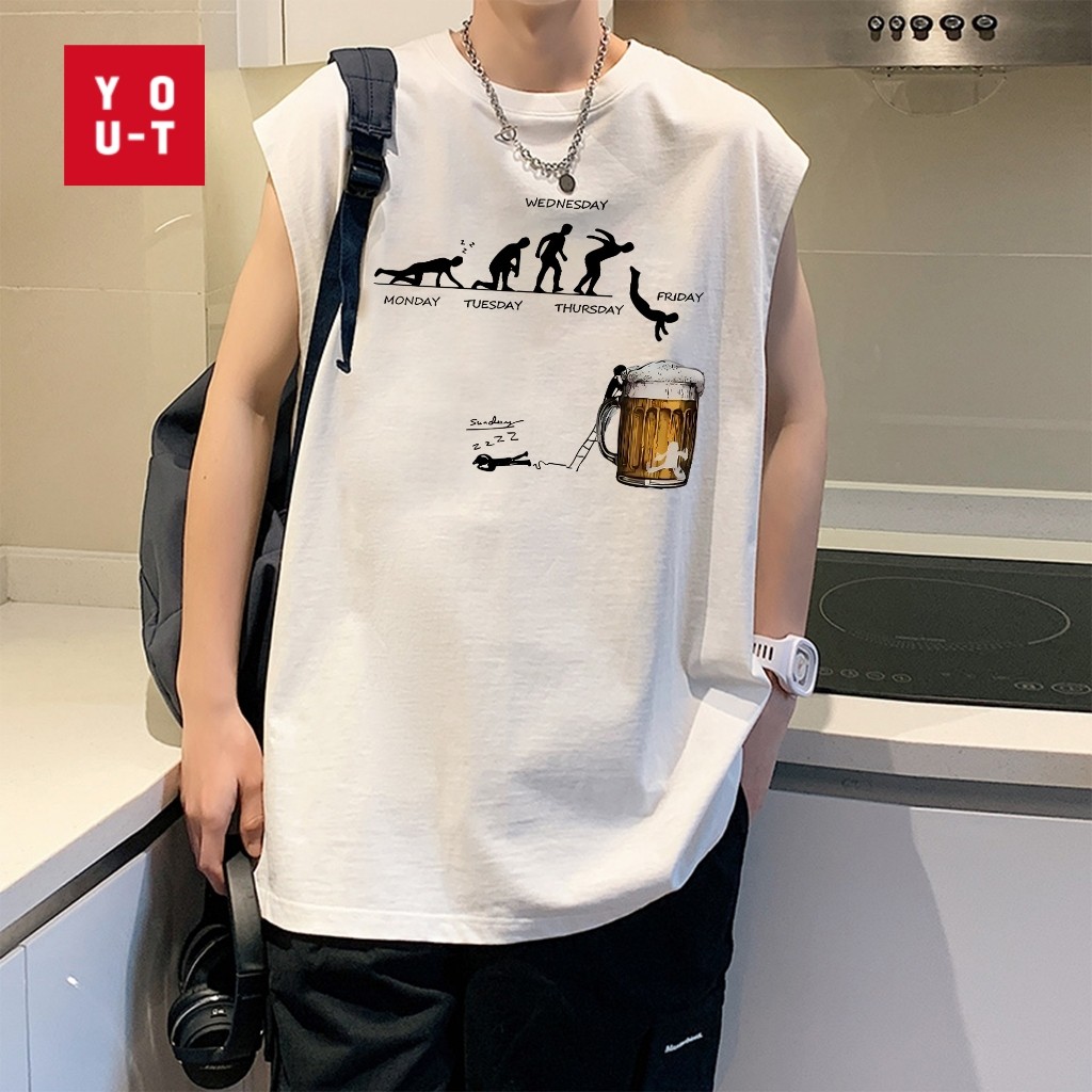 Y-T⚡Flash Sale⚡เสื้อกั๊กแขนกุดสำหรับผู้ชาย แฟชั่น สกรีนลาย คอกลม สวมใส่สบาย ผ้าฝ้าย100% เสื้อแขนกุด สตรีทสไตล์