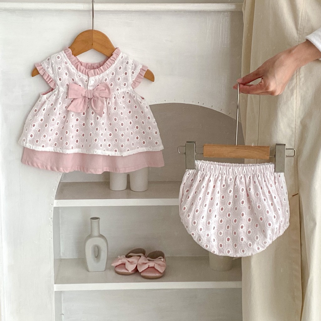 2ชิ้นฤดูร้อนทารกแรกเกิดเสื้อผ้าโบว์แขนกุดโหลออกสองชั้นเด็กสาวชุดกางเกงขาสั้นชุด0-3ปี - รูปที่ 2