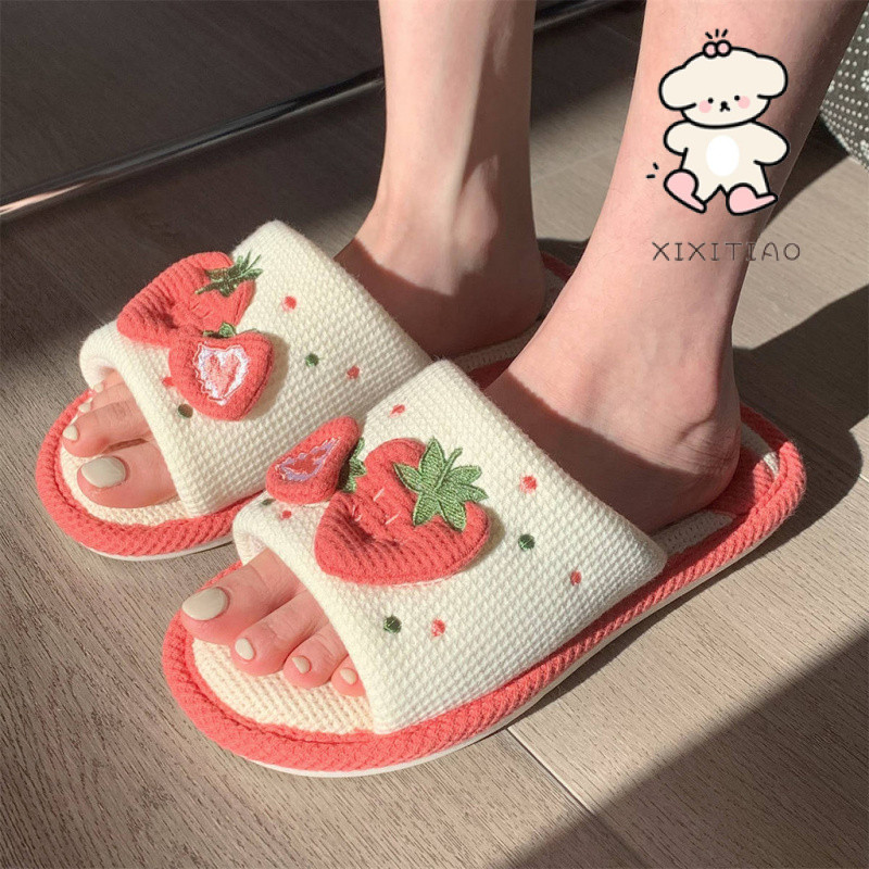 Xixitiao Hemp รองเท ้ าแตะ Four Seasons Sweet Strawberry Soft Sole Home Mute Flat Sole หญิง