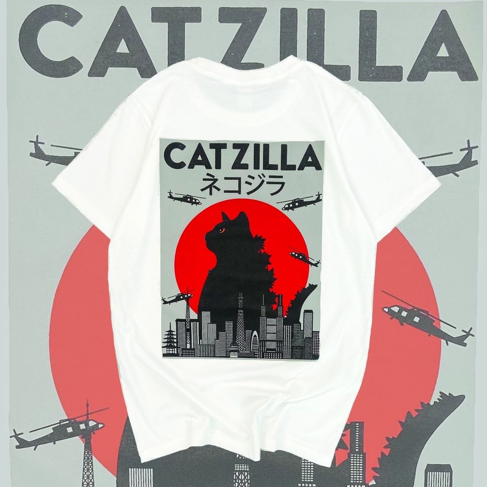 Ok Apparel เสื้อยืดแขนสั้นคอกลมลาย Catzilla สไตล์โอเวอร์ไซส์ ผ้าฝ้ายอเมริกัน เตรียมจัดส่ง