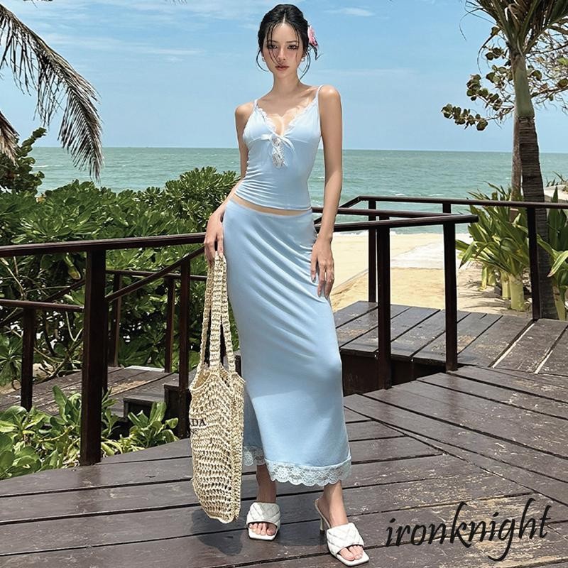 Ironknight-womens Summer Sleeve Tie Front Cami Tops และชุดกระโปรงยาว