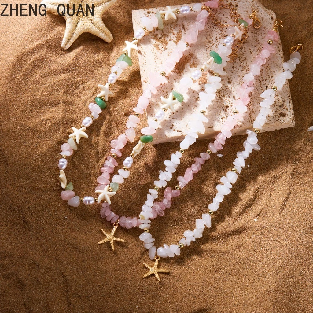 Handmade หินธรรมชาติกรวดสร้อยคอที่มีสีสันปลาดาวลูกปัดสร้อยคอ Beach Choker สําหรับผู้หญิงแฟชั่นเครื่องประดับ Boho วันหยุดของขวัญ