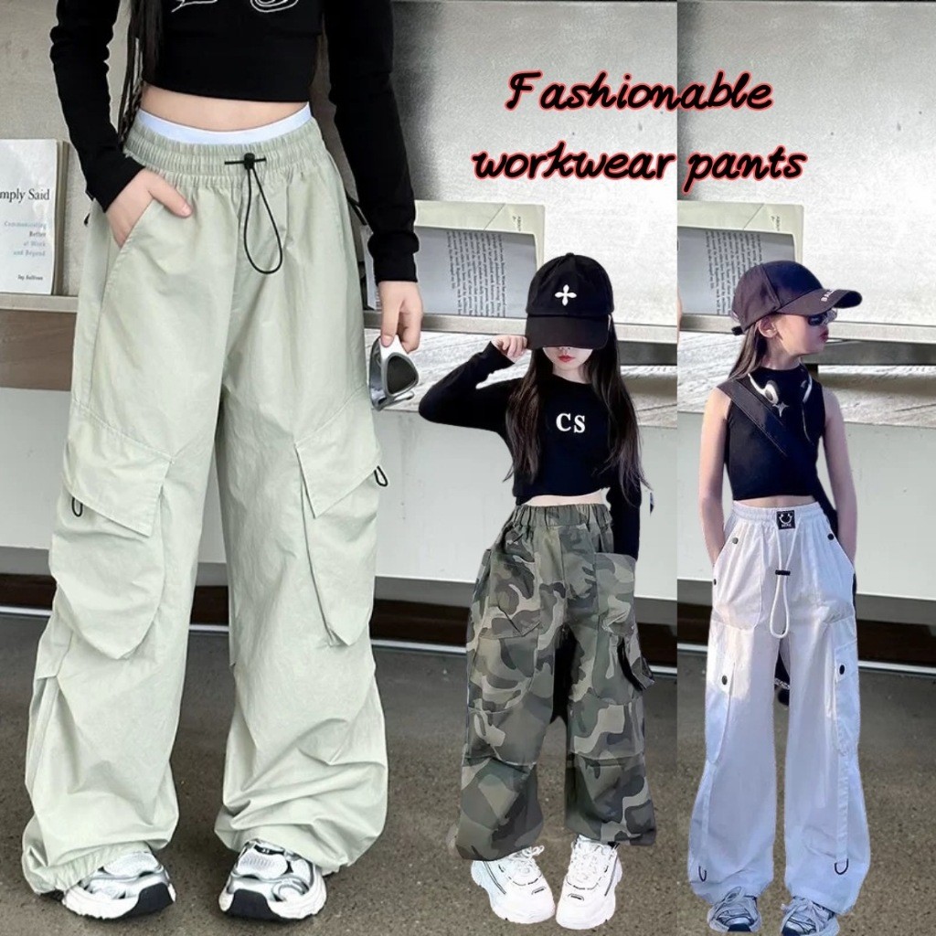 【จัดส่งจากประเทศไทย】กางเกงคาร์โก้สไตล์เกาหลีทรงหลวมสำหรับเด็กผู้หญิง – ดีไซน์เรียบง่ายและลายพราง