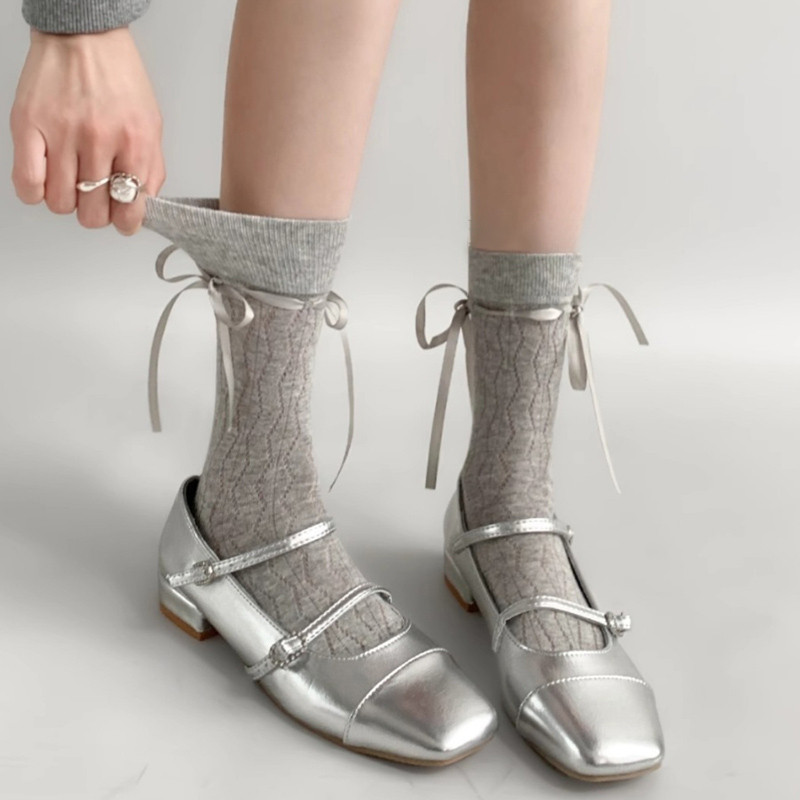 โบว์ริบบิ้นถุงเท้าสําหรับผู้หญิงผ้าฝ้ายระบายอากาศแมรี่เจนโลลิต้าถุงเท้า