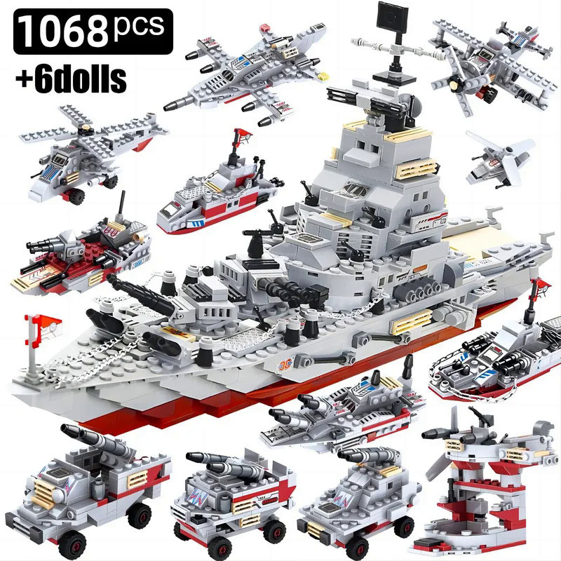 Navy War Chariot Ship Army Boat Plane Model Warships Building Blocks Construction Set for Boys Brick