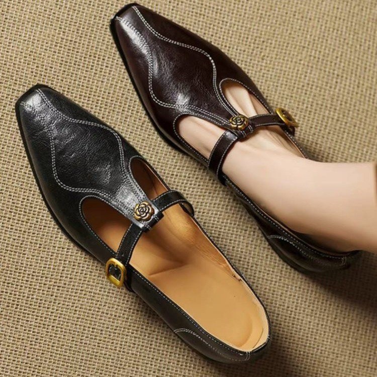 รองเท้าแฟชั่นผู้หญิง หัวเหลี่ยม ส้นหนา แบบสวม รองเท้าแมรี่เจน