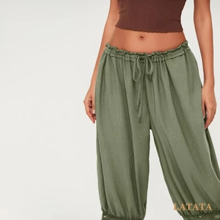 (จัดส่งในกรุงเทพฯ)Latata-Womens Cropped Pants Loose Mid Rise Patchwork Lace Lantern Pants Casual Streetwear