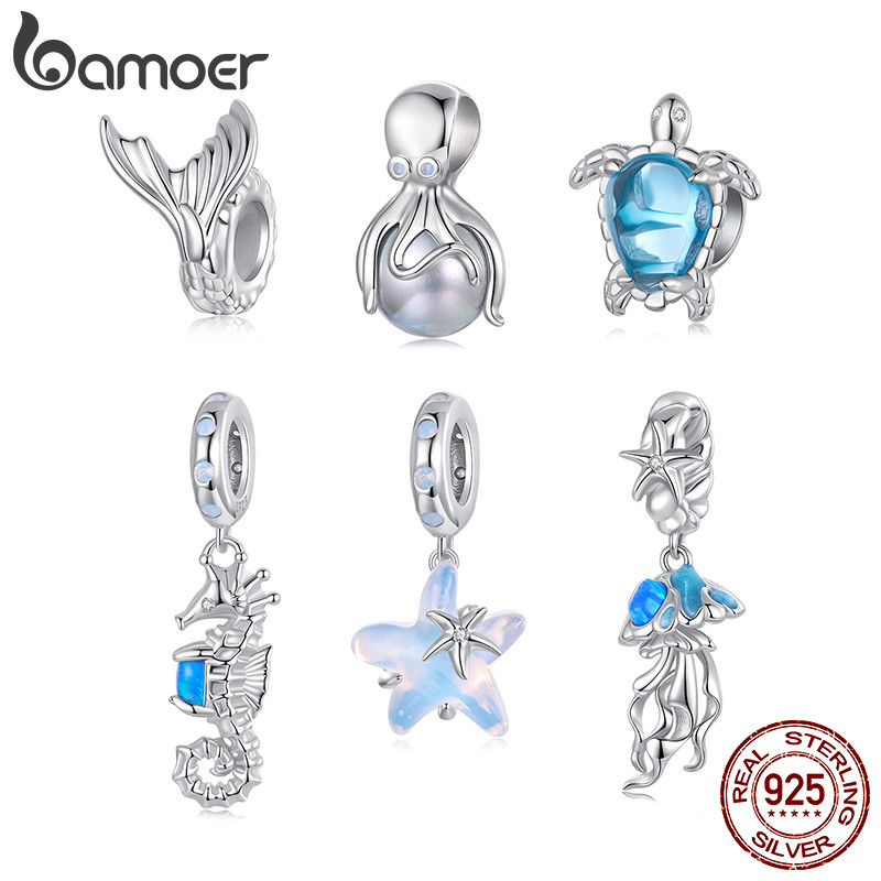 BAMOER บามอส 925เงินสเตอร์ลิงเศษไม้เสน่ห์แฟนตาซีสีฟ้าปลาดาวฤดูร้อนมหาสมุทรอุปกรณ์เสริมจี้ ทําเอง สําหรับสร้อยข้อมือของขวัญ