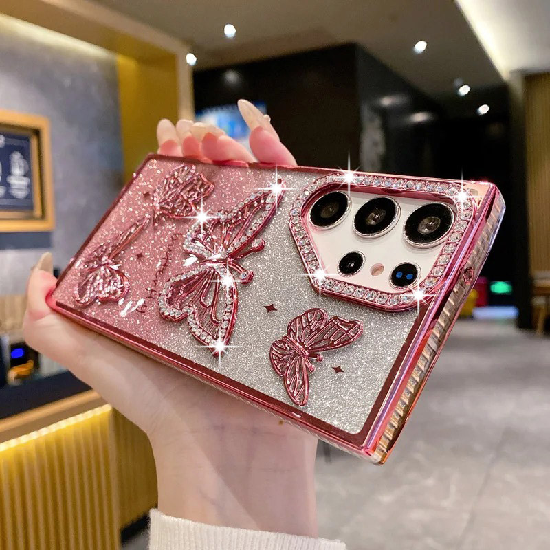 สําหรับ Samsung S26 A16 S23 S24 FE S25 Ultra S25 Plus 5G ผู้หญิงสาวเพชรผีเสื้อเคสโทรศัพท์โปร่งใสชุบนุ่ม