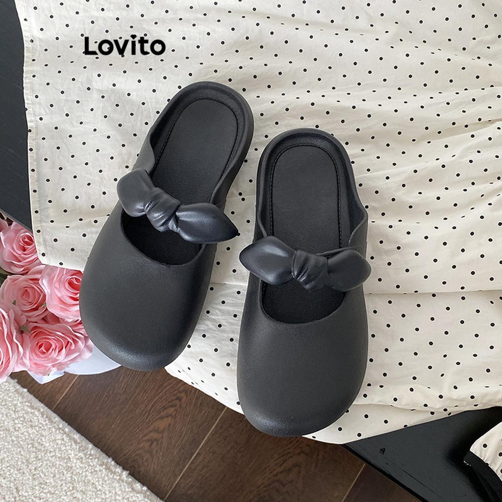 Lovito รองเท้าแตะผู้หญิง ส้นเตี้ย แต่งปม สีเรียบ สไตล์น่ารัก LFA28042
