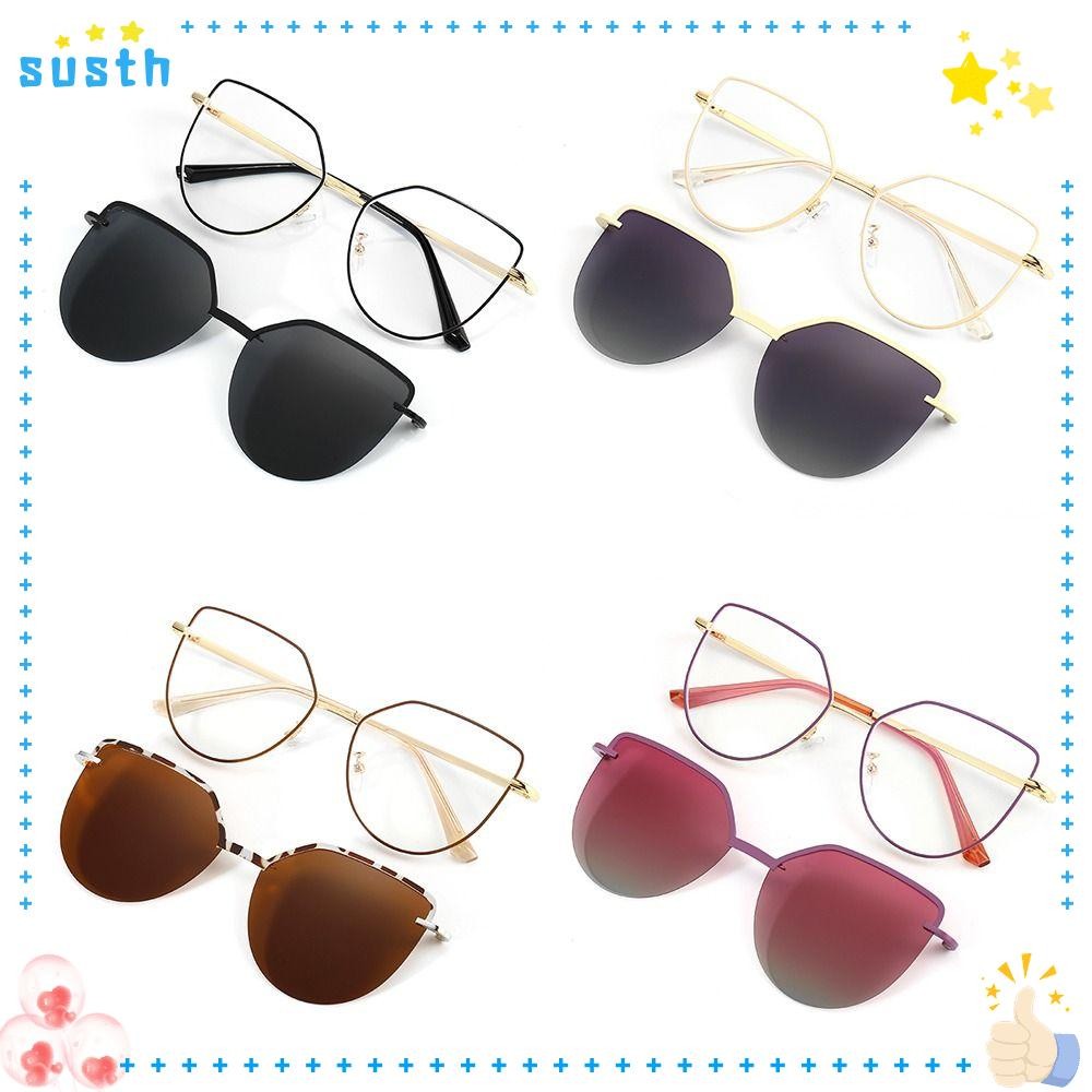 Susth 3 In-1 Cat Eye แว่นตาผู้ชายและผู้หญิงกรอบโลหะคลิปบนแว่นตากันแดดแม่เหล็กโพลาไรซ์ Clip-On