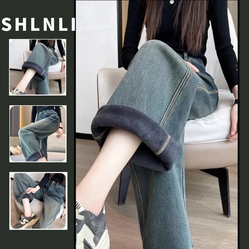 วินเทจเอวสูงหนากางเกงยีนส์ตรงสําหรับฤดูใบไม้ร่วงฤดูหนาวสบายๆหลวมกางเกงผู้หญิงที่อบอุ่น