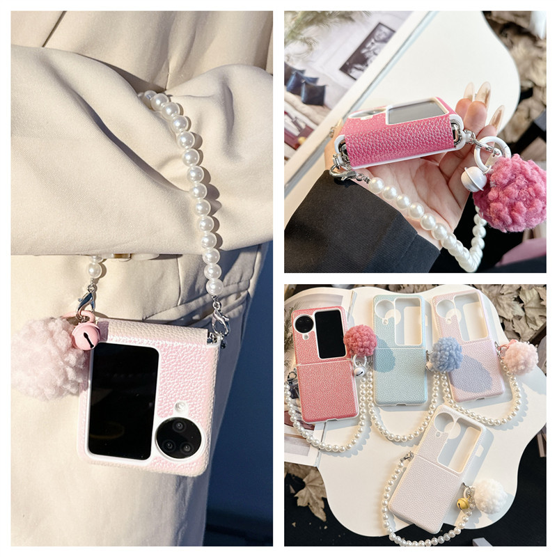 เลเซอร์ลิ้นจี่หนังบานพับป้องกันเคสโทรศัพท์สําหรับ OPPO Find N3 N2 Flip Case พร้อม Hairball Pearl สร้