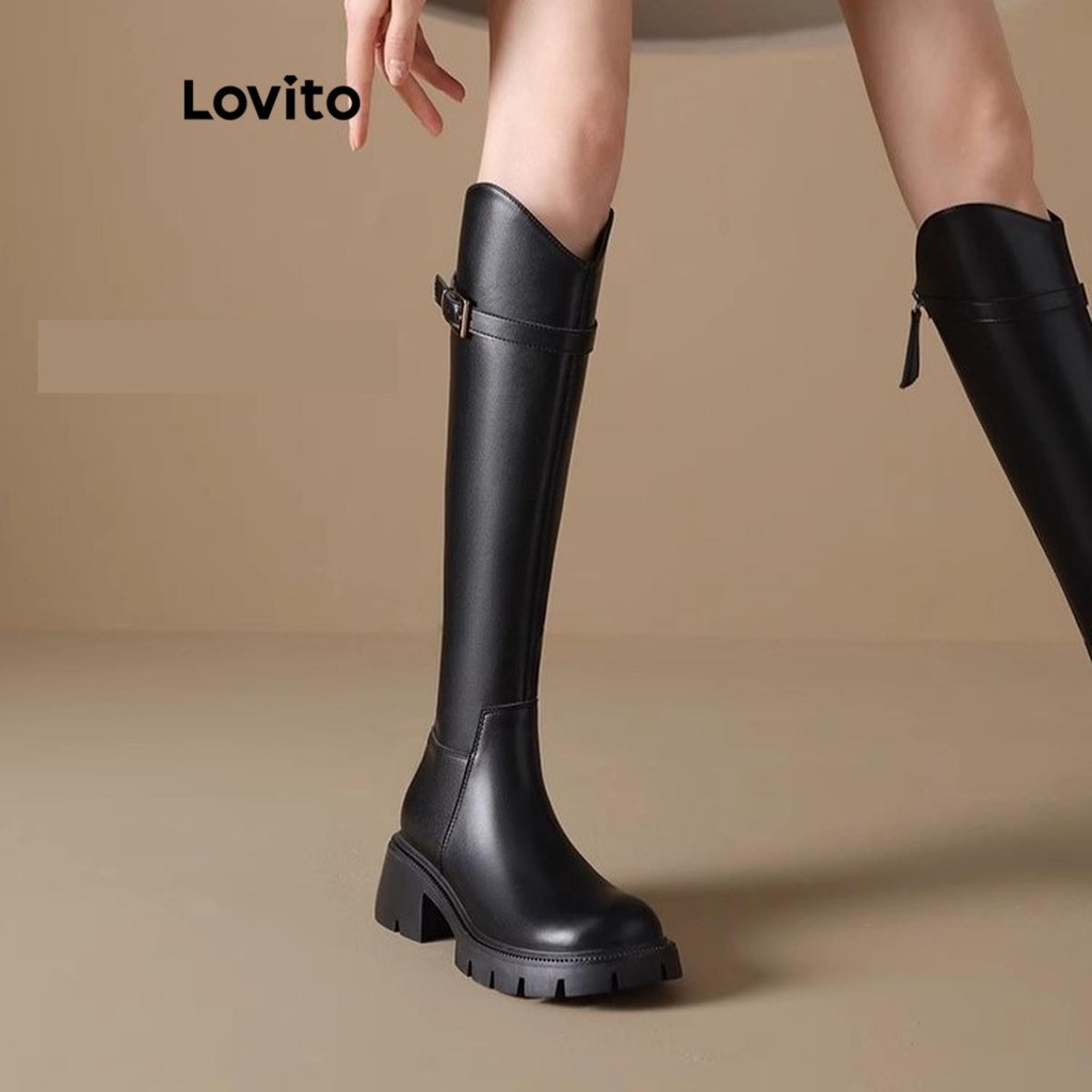 Lovito ลําลองธรรมดาสไตล์อังกฤษอเนกประสงค์หนาทําให้เท้าของคุณslimmerยาวหลอดแฟชั่นbootสําหรับผู้หญิง LFA62301