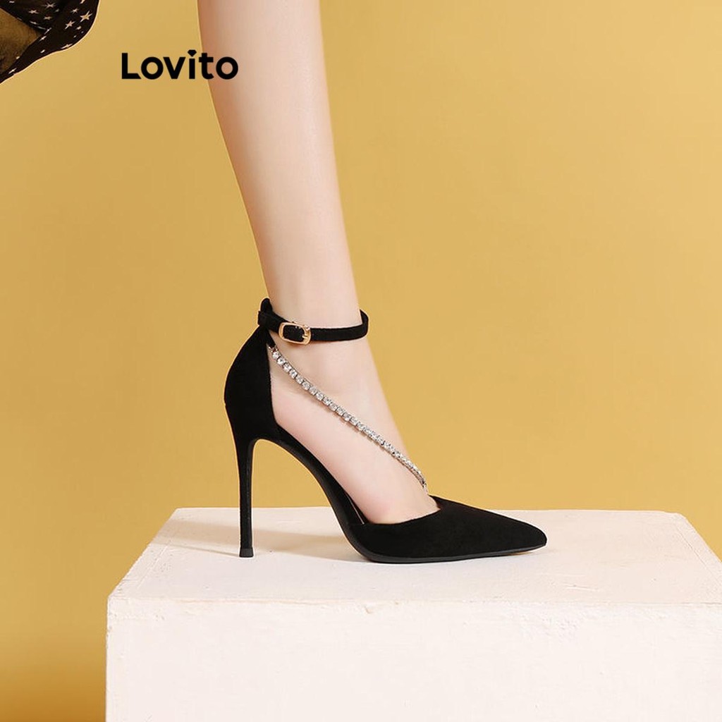 Lovito สง่างามธรรมดา พลอยเทียม หัวเข็มขัดขั้นสูงชี้ส้นกริชส้นสําหรับผู้หญิง LFA62310