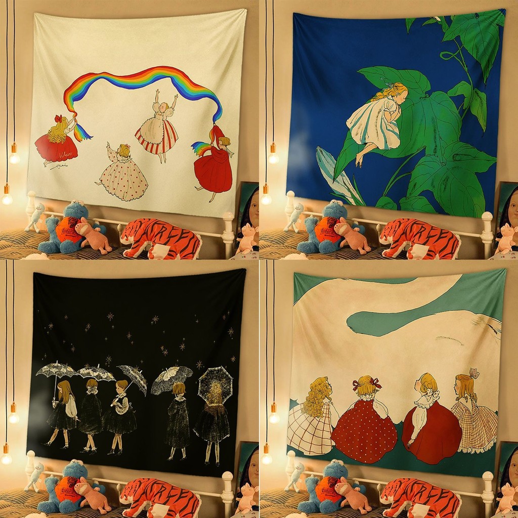 ผ้าพื้นหลังภาพประกอบฝรั่งเศสย้อนยุค Agirl ผ้าพรม ตกแต่งหอพักอนิเมะ ผ้าพื้นหลังผ้าผนัง