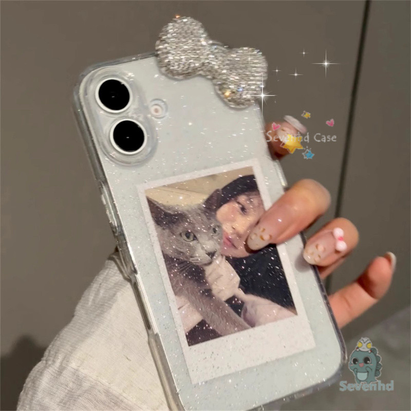 โบว์เงินปลอกสําหรับiphone 16 15 14 13 12 11 Pro Max X XR Xs Max 7 8 Plus SE2020 Clear Glitterเคสโทรศัพท์แฟชั่นเกาหลีฝาครอบป้องกัน + เชือกเส้นเล็ก