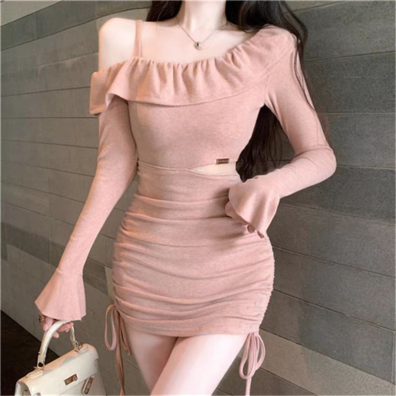 เดรสปาดไหล่ งานพรอม แขนยาว รัดรูป เกาหลี คุณหนู สาวอวบ ชุดเดรสสีชมพู summer pink dress