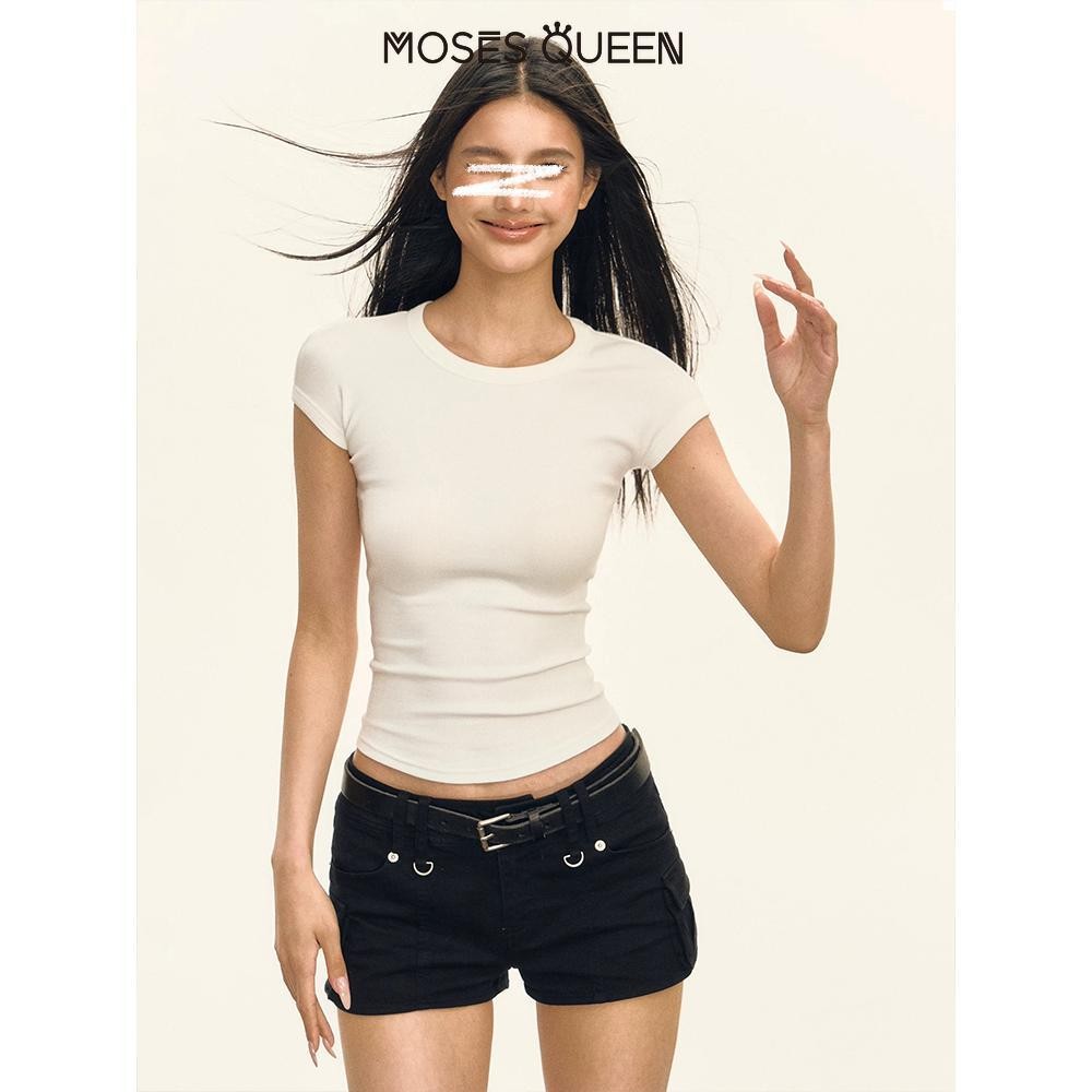 Moses Queen American Retro สีทึบรอบคอไหล่แขนสั้นเสื้อยืดหญิง 2025 ฤดูร้อนใหม่ Spice Slim Top #62897