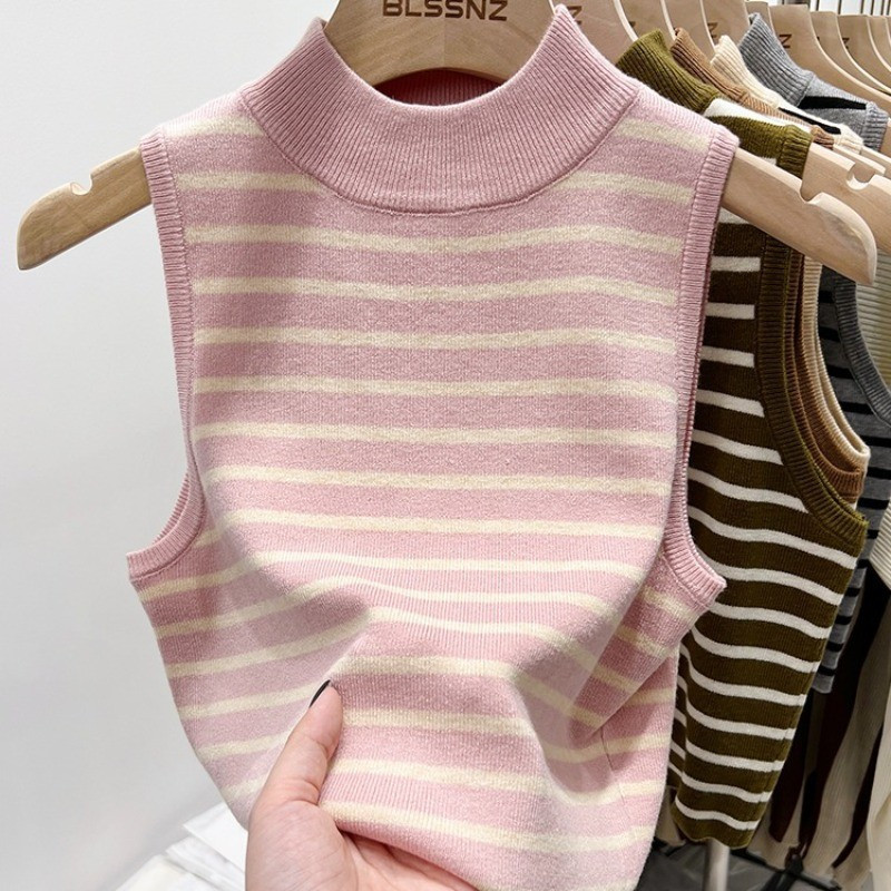 ชุดเสื้อคอเต่าครึ่งตัวลายทางสำหรับผู้หญิง 2025 สไตล์ใหม่ เสื้อเบลเซอร์ด้านใน ฤดูใบไม้ผลิฤดูใบไม้ร่วง