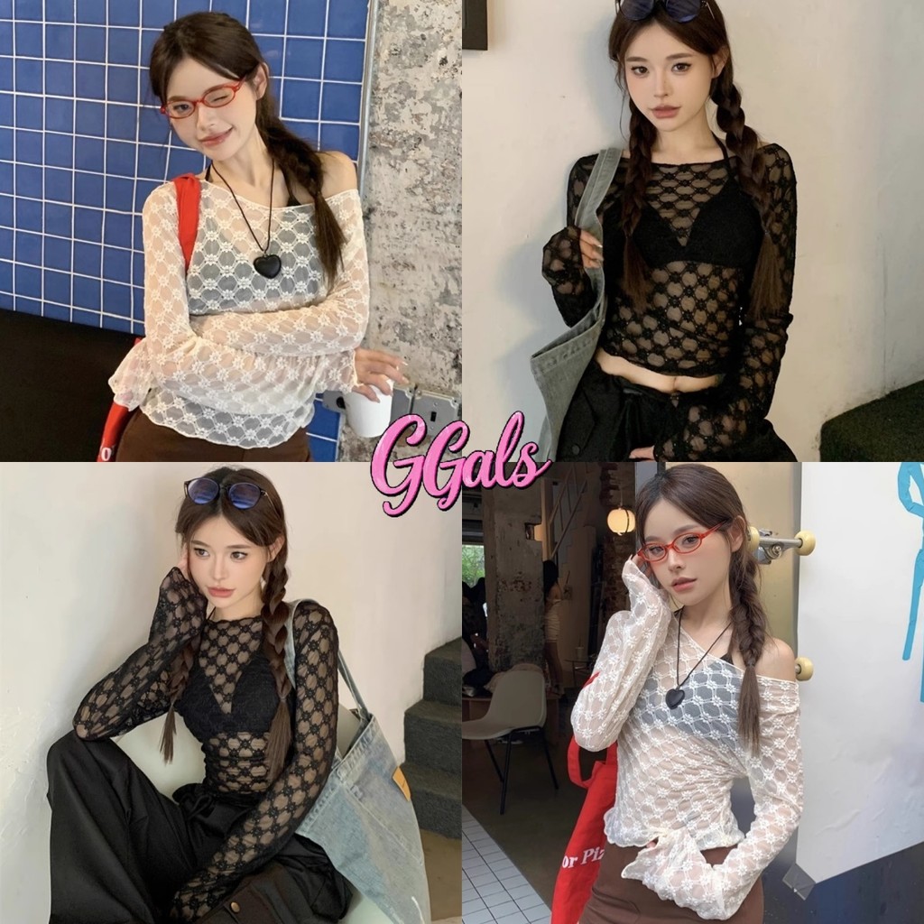 💐GGals💐เสื้อยืดผู้หญิง แขนยาว คอกลม ดีเทลลูกไม้ซีทรู เสื้อผ้าแฟชั่นผู้หญิง สไตล์เกาหลี บาง เท่ๆ แฟชั่นฤดูร้อน#U092