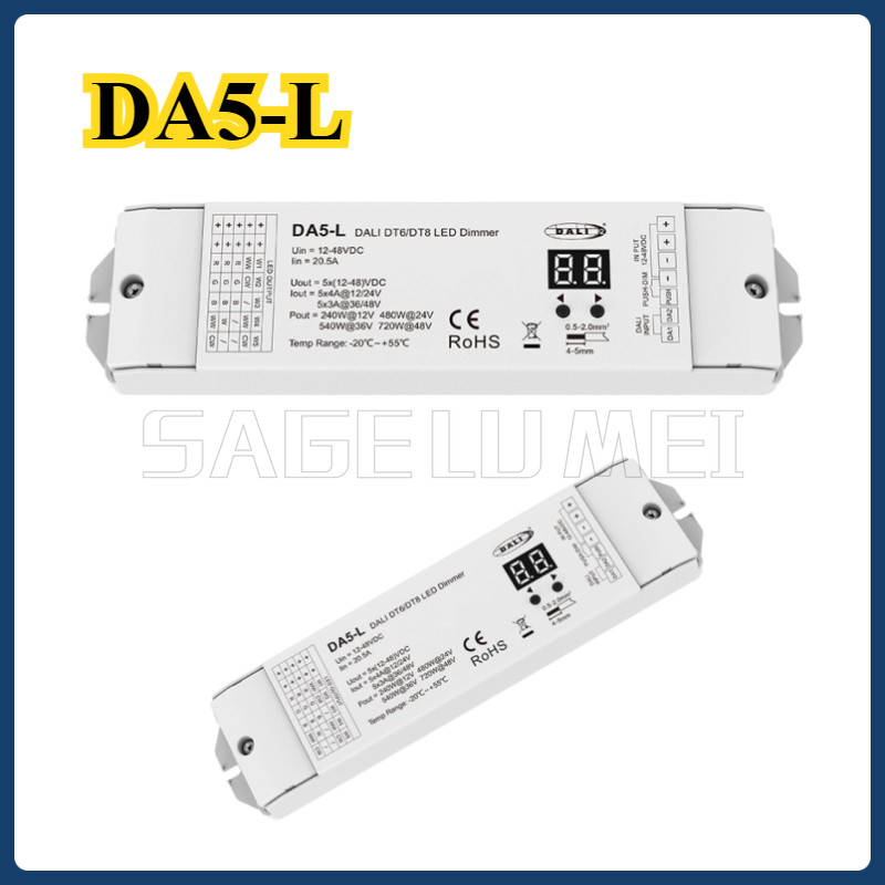 Da5-l (DT6/DT8) สําหรับ RGB RGBCCT LED Strip Light Tape5CH*4A 12V-48VDC CV DALI LED Dimmer 5 ช่อง 24