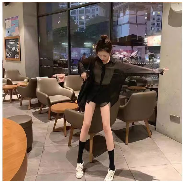 พร้อมส่ง HHB513 เสื้อชีฟองคอปกแขนยาวสีทึบเรียบง่าย🤎 ผ้าบาง ใส่สบาย ใส่คลุมไปทะเล Sexyเบาๆ หรือใส่เที