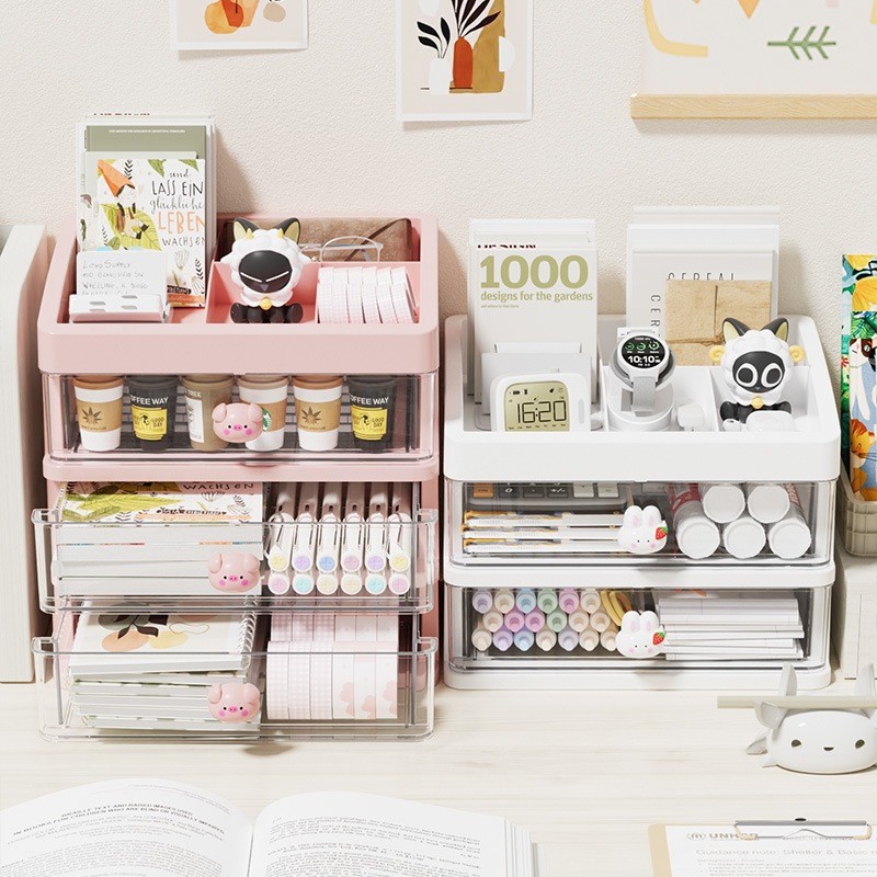 กล่องเก็บเครื่องเขียน สำหรับโต๊ะ, เครื่องประดับผมเบ็ดเตล็ด, กล่องเก็บปากกา - เครื่องสำอาง, ชั้นลิ้นชักโปร่งใสหลายชั้น