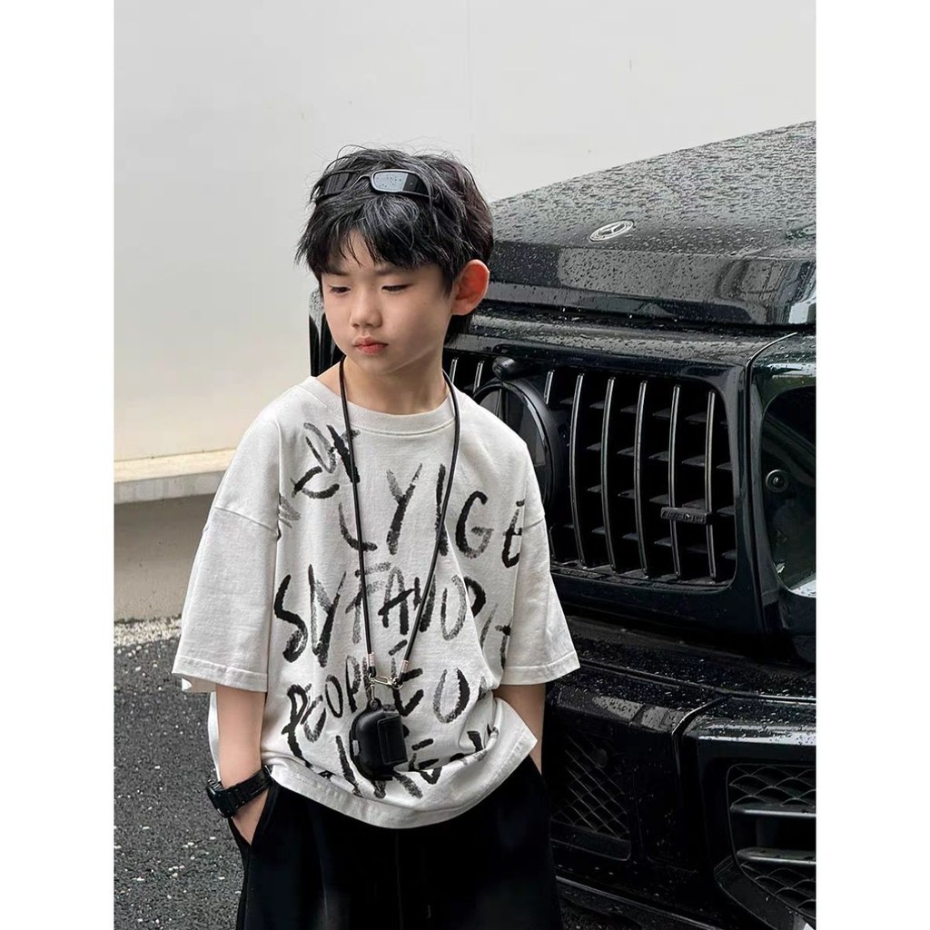 เสื้อยืดแขนสั้น ผ้าฝ้ายแท้ พิมพ์ลายตัวอักษร ทรงหลวม สไตล์เกาหลี เรโทร แฟชั่นฤดูร้อน สําหรับเด็ก