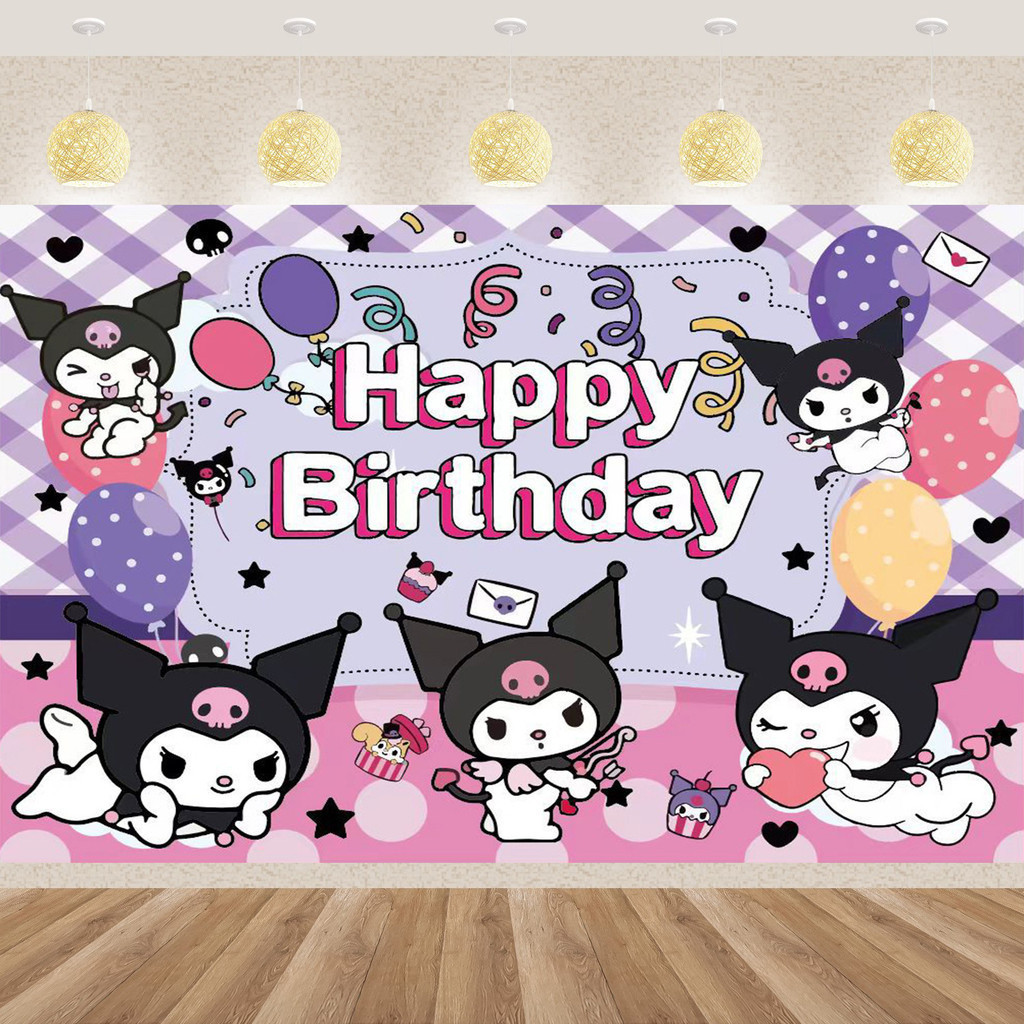 Kuromi วันเกิดฉากหลังตกแต่งผ้า Sanrio สุขสันต์วันเกิดพื้นหลังผ้าผนังแขวนครอบคลุมพรมปาร์ตี้Happy Birthday Banner Decoration