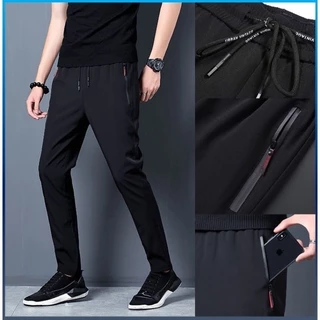 กางเกงขายาวผ้าไหมผู้ชายสบาย ๆ Breathable Cool Drawstring แห้งเร็วกีฬาสบาย ๆ