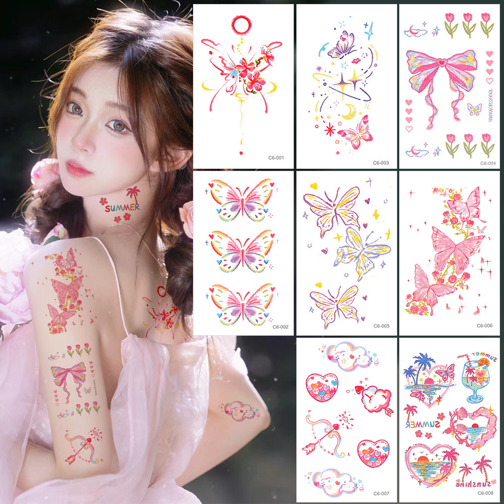 สติกเกอร์รอยสักชั่วคราว รูปผีเสื้อน่ารัก กันน้ํา ล้างทําความสะอาดได้ สีสันสดใส
