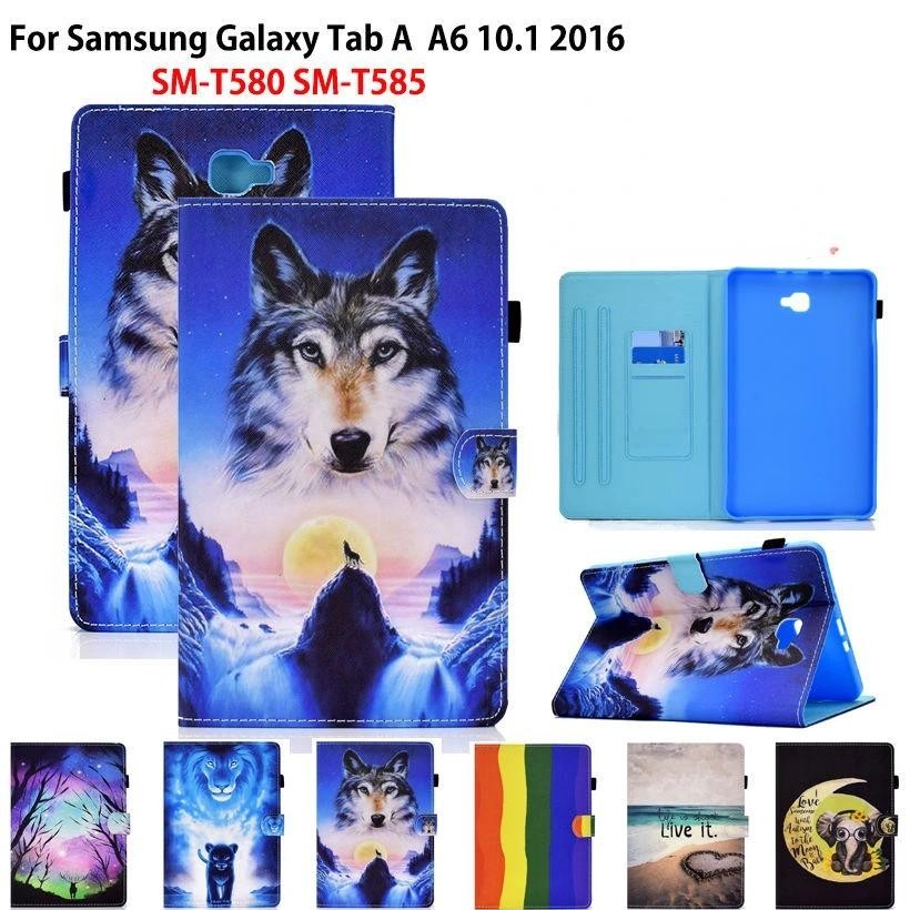 เคสหนัง PU TPU ลายการ์ตูนสิงโต หมาป่า พร้อมขาตั้ง สําหรับ Samsung Galaxy Tab A A6 10.1 2016 SM-T580 SM-T585