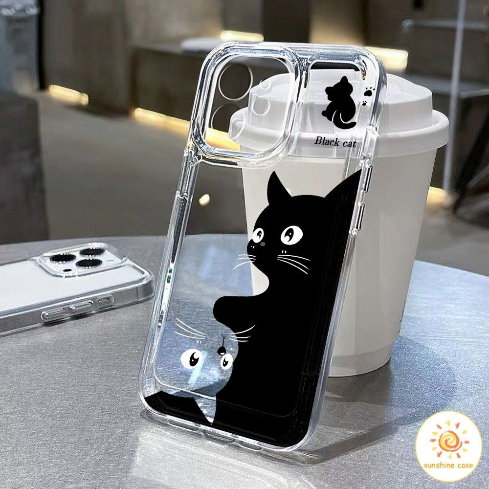เคสโทรศัพท์แมวสีดำและสีขาวสร้างสรรค์โปร่งใส ไอโฟน11 For iPhone12 13 14 15Pro MAX X XS XR 7 8Plus SE20เคสโทรศัพท์แอปเปิ้ล