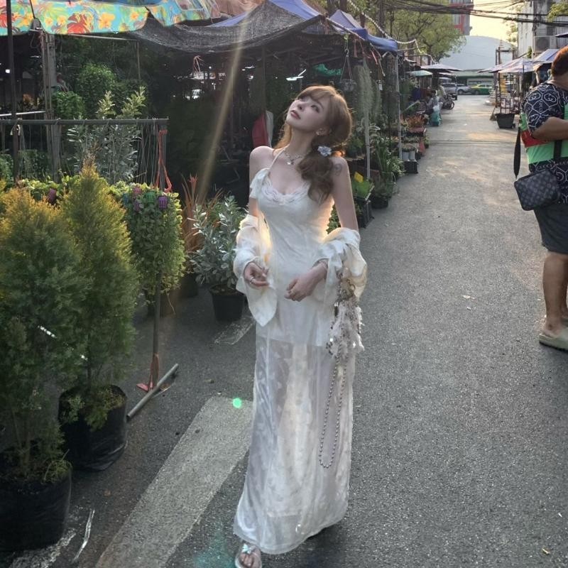 Xyzkuli กระโปรงยาว คอวี ปักลายลูกไม้ ผีเสื้อ สามมิติ สไตล์แฟรี่ สําหรับผู้หญิง