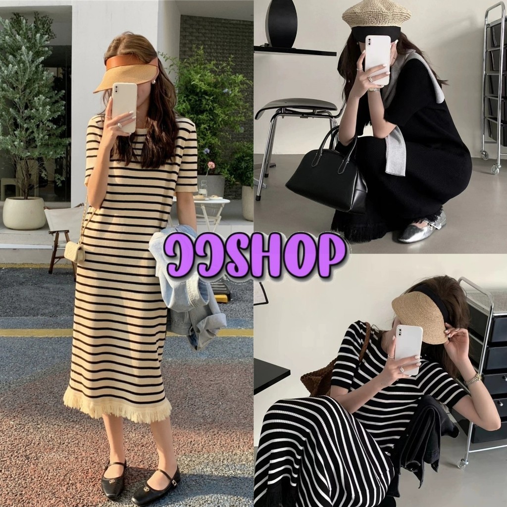 JJ Shop​ ​พร้อมส่ง ชุดเดรสไหมพรม แขนสั้น คอกลม ปลายปล่อย "12398"