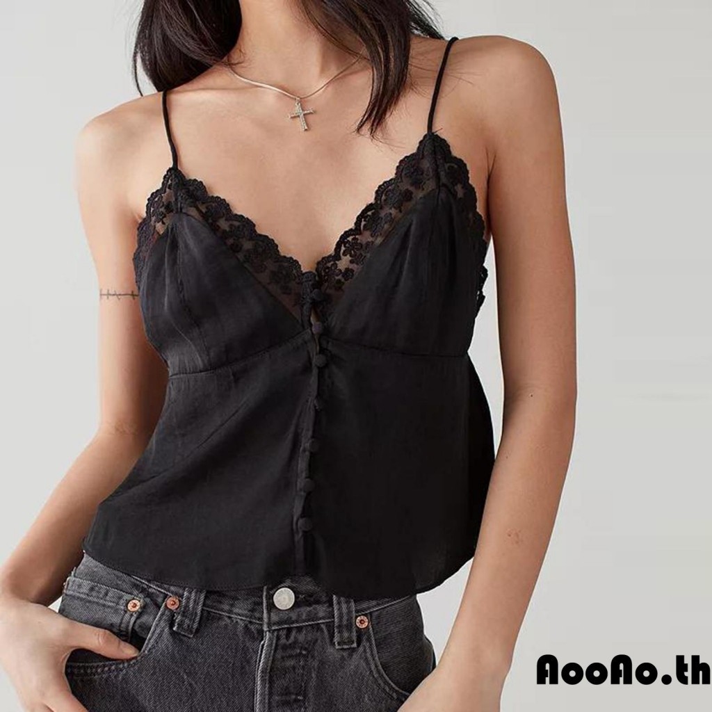 Aooao- เสื้อสายเดี่ยว คอวี แขนกุด แต่งลูกไม้ ติดกระดุม สําหรับผู้หญิง