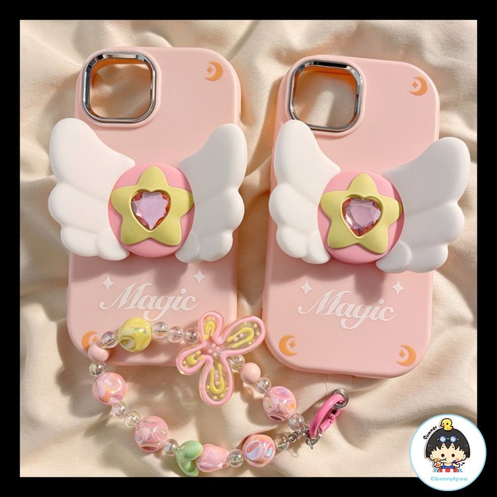 เคสโทรศัพท์มือถือ TPU นิ่ม กันกระแทก ปิดด้านหลัง ลายการ์ตูน KINOMOTO SAKURA Star น่ารัก พร้อมขาตั้ง สําหรับ IPhone 11 15 14 13 12 Pro Max X XR 8 7 Plus