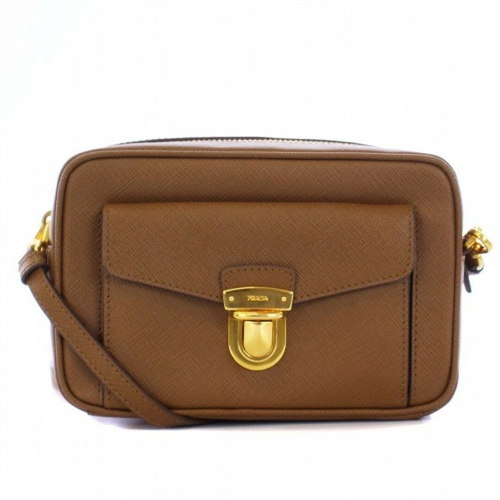 Prada Saffiano Leather Shoulder Bag Pochette Brown 1NF004 Direct from Japan Secondhand