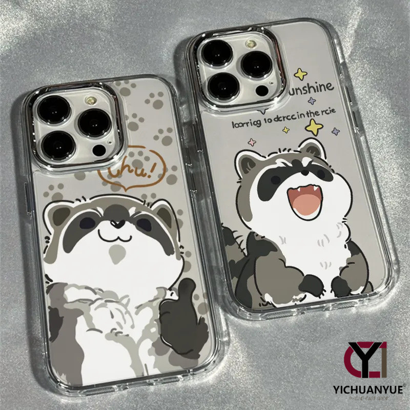 สำหรับ iPhone 13 12 14 11 15 Pro Max XR X Plus XS SE 7 8 น่ารักแรคคูนน้อยรูปแบบการ์ตูนกรอบรูปโลหะกรณีโทรศัพท์กันกระแทก